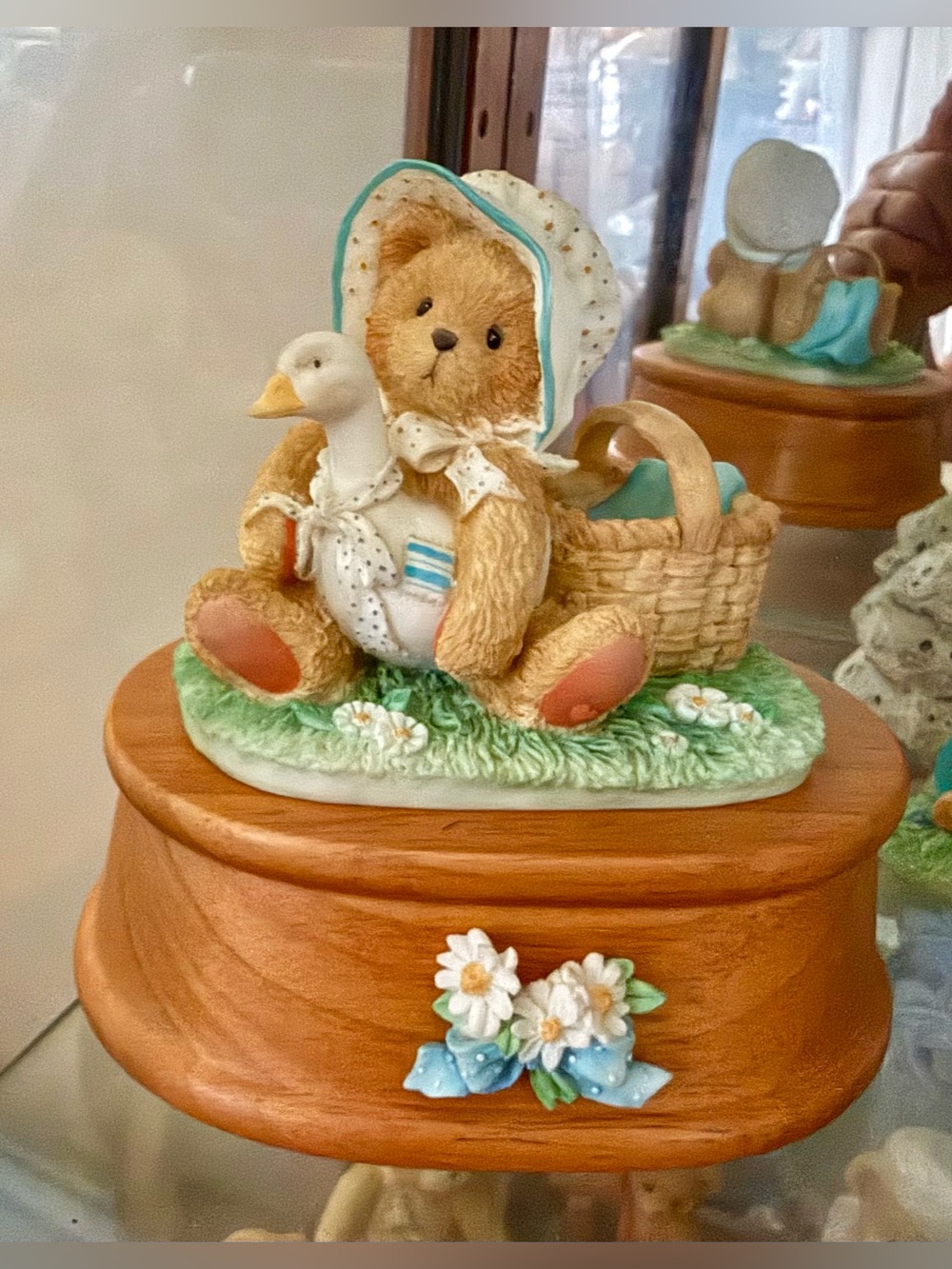 Cherished Teddies Brown Bear Music Box with White Goose and Teal Accents